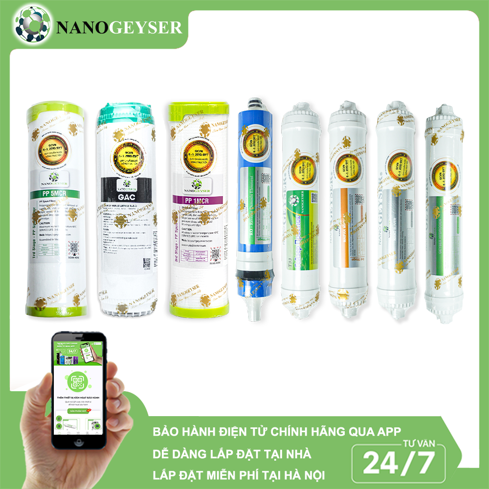 Bộ 8 lõi PP 5MCR, GAC, PP 1MCR, Màng Ro đúc, T33 Small, Maifan, Nano Silver, Hydrogen (tặng 1 cut T, cut, dây, kẹp)