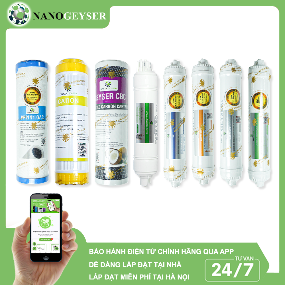 Bộ 8 lõi PP.2IN1.GAC, Cation, CBC, UF Hollow, 3IN1, Maifan, Nano Silver, Hydrogen (tặng cut, dây, kẹp)