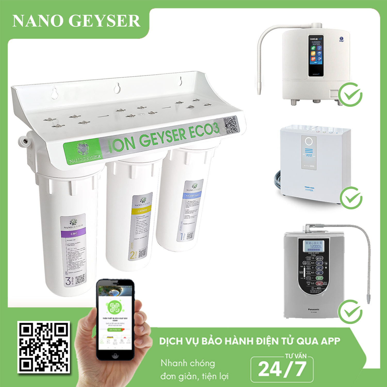 Bộ tiền xử lý nước cho máy Ion kiềm Eco 3 cấp - ECO3(2in1,Cation,CTO)- Geyser Plus